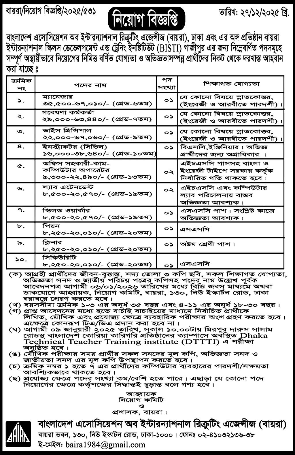 Baira Job Circular 2026