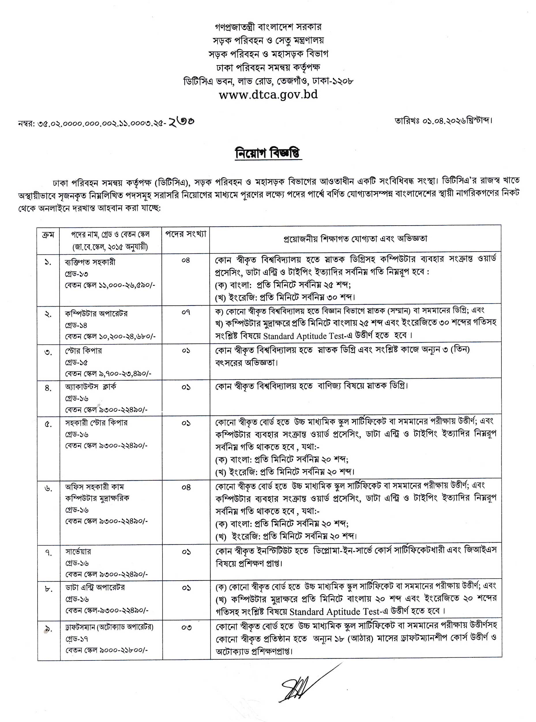 DTCA Job Circular 2026