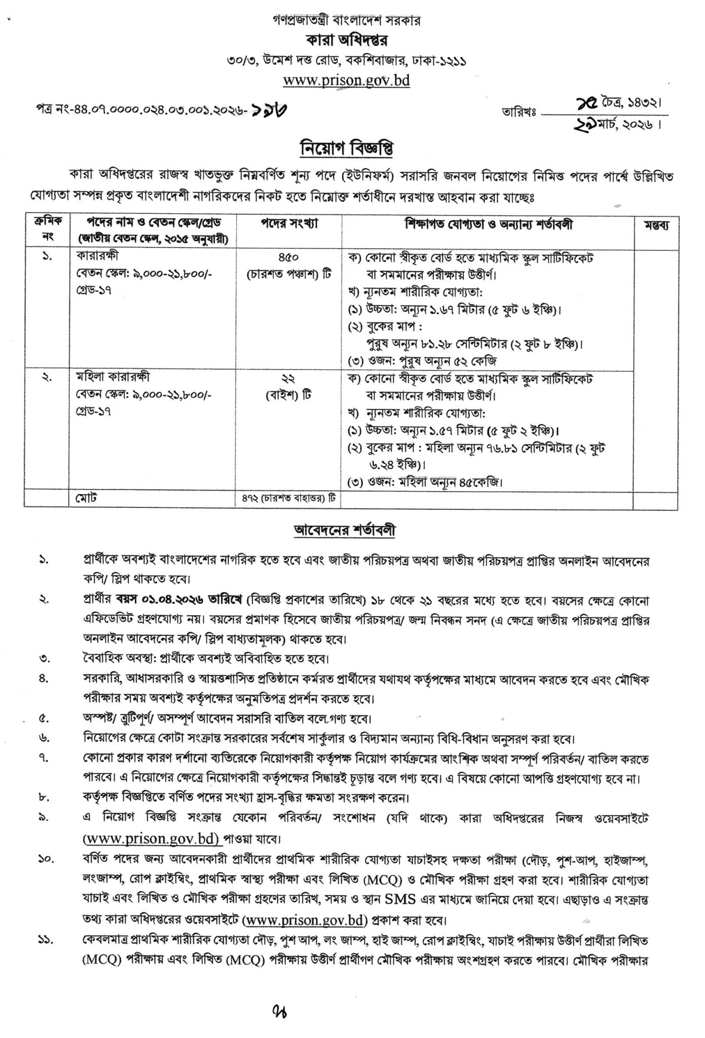 Bangladesh Jail Guard Job Circular 2026