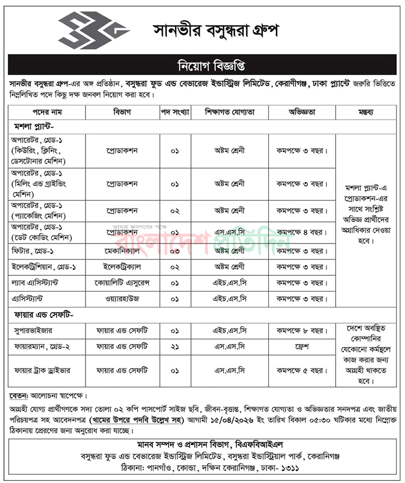bashundhara Food and Beverage Job Circular 2026